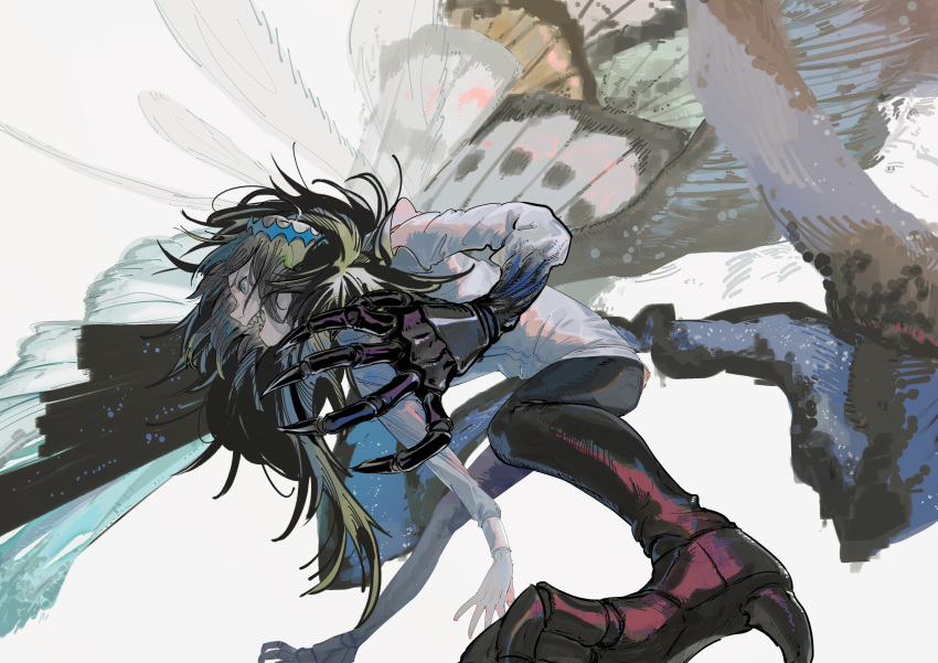 1boy absurdres arthropod_boy bent_over black_skin blue_eyes blue_hair brown_hair claws colored_skin crown da_mei dynamic_pose fate/grand_order fate_(series) fur_trim hatching_(texture) highres insect_wings low_wings male_focus multicolored_hair multiple_wings oberon_(fate) open_mouth sharp_teeth smile solo teeth wide-eyed wings