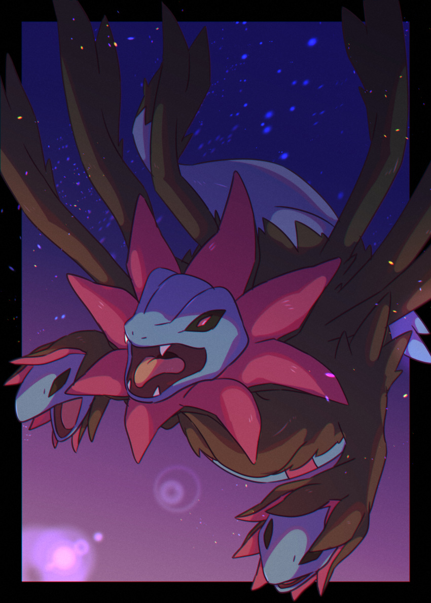black_border black_sclera blurry border colored_sclera commentary_request fangs flying gradient gradient_background highres hydreigon ktyon3 open_mouth pokemon pokemon_(creature) tongue violet_eyes