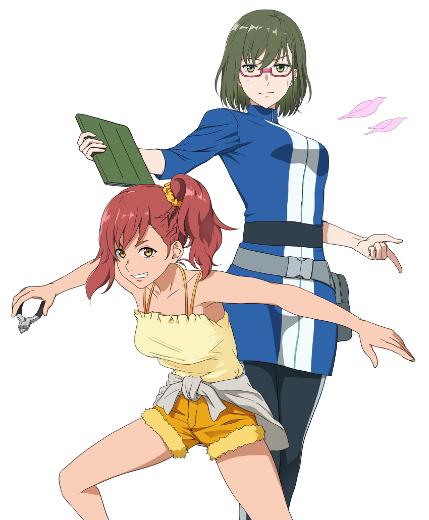 2girls absurdres birdie_wing:_golf_girls'_story brown_hair freckles glasses grin highres holding holding_pliers lily_lipman looking_at_viewer multiple_girls pliers ponytail redhead shinjou_amane shorts simple_background smile sosona white_background yellow_shorts