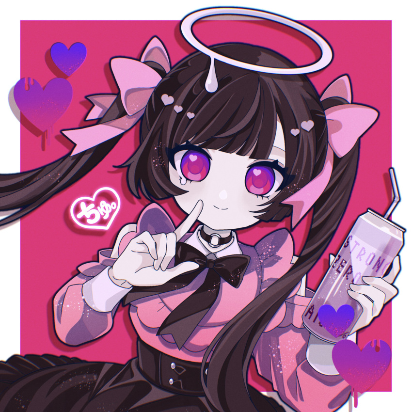 1girl alcohol bangs black_hair blunt_bangs can choker clothing_cutout collared_shirt darling_dance_(vocaloid) drinking_straw dripping dripping_eye glowing hair_ribbon halo heart heart_in_eye high-waist_skirt highres holding holding_can index_finger_raised long_hair long_sleeves looking_at_viewer neck_ribbon o-ring o-ring_choker original pink_eyes pocan ribbon shirt shoulder_cutout skirt smile solo strong_zero symbol_in_eye translation_request twintails underbust violet_eyes vocaloid
