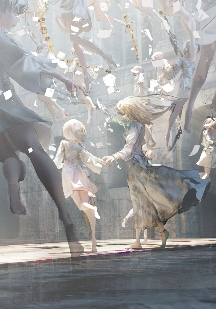 6+girls absurdres bare_legs closed_eyes colored_skin commentary day dress floating halo highres holding_hands houtei9 long_hair multiple_girls original paper see-through short_hair standing stone_building white_dress white_hair white_nails white_skin