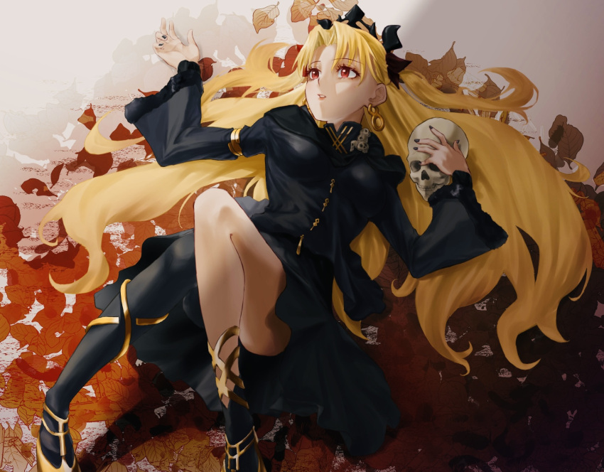 bangs black_dress blonde_hair dress earrings ereshkigal_(fate) fate/grand_order fate_(series) highres infinity jewelry long_hair lying nail_polish on_back parted_bangs red_eyes skull solo user_perz2587