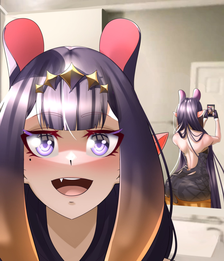 1girl absurdres athies bangs black_dress blue_eyes blunt_bangs blush cellphone dress highres hololive hololive_english jerma985 long_hair looking_at_viewer meme mirror mole mole_under_eye multicolored_hair ninomae_ina'nis open_mouth orange_hair phone pointy_ears purple_hair reflection selfie short_dress smartphone smile solo strapless strapless_dress tentacle_hair tentacles tube_dress virtual_youtuber