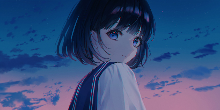 1girl bangs black_hair blue_eyes blue_sailor_collar blue_sky closed_mouth clouds highres lium looking_at_viewer looking_back original sailor_collar school_uniform short_hair sky solo uniform