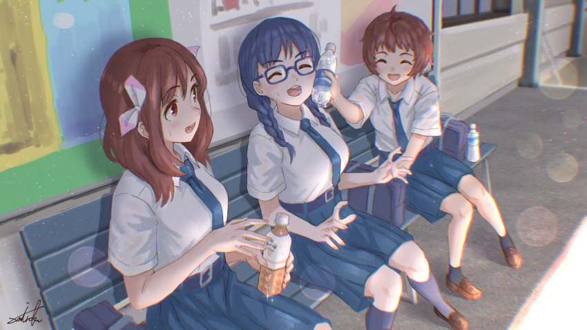 3girls :d ^_^ ahoge blue-framed_eyewear blue_hair blue_necktie blue_skirt blush bottle bottle_to_cheek braid breasts brown_footwear brown_hair closed_eyes collarbone collared_shirt commentary_request day glasses hair_over_shoulder hair_ribbon holding holding_bottle kneehighs knees_together_feet_apart loafers long_hair medium_breasts multiple_girls necktie on_bench original outdoors pleated_skirt purple_legwear red_eyes ribbon school_uniform shirt shoes signature sitting skirt smile socks twin_braids umiroku water_bottle white_ribbon white_shirt