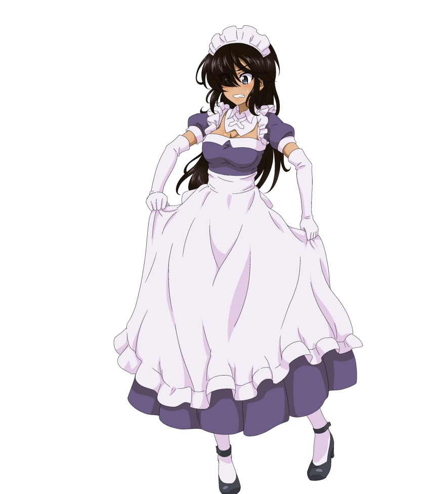 1girl apron black_eyes black_footwear black_hair blush breasts cosplay dress elbow_gloves full_body girls_und_panzer gloves hair_down hair_over_one_eye highres key_(gaigaigai123) large_breasts lilith_(saikin_yatotta_maid_ga_ayashii) lilith_(saikin_yatotta_maid_ga_ayashii)_(cosplay) long_hair maid_apron ogin_(girls_und_panzer) puffy_short_sleeves puffy_sleeves purple_dress saikin_yatotta_maid_ga_ayashii short_sleeves simple_background solo white_background white_gloves white_legwear