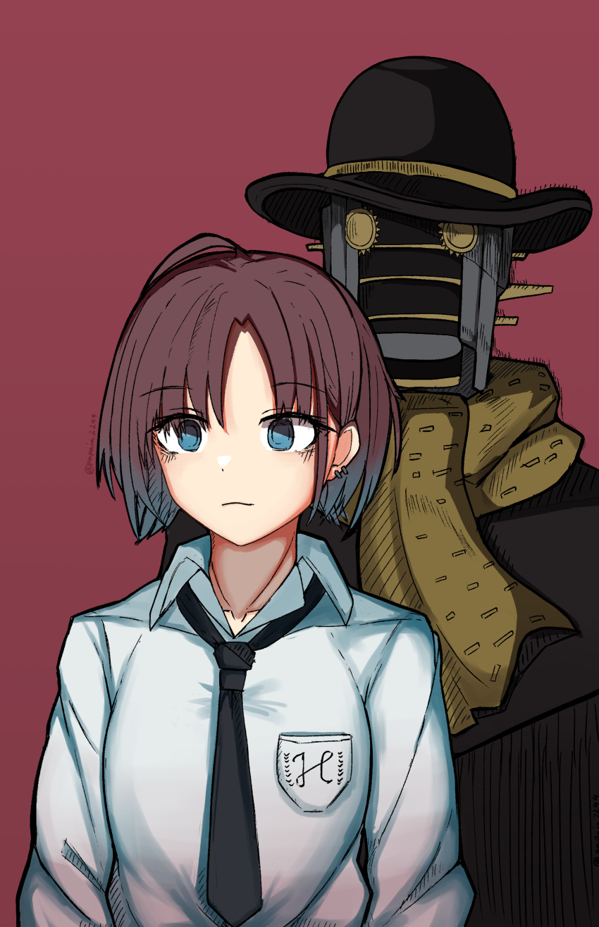 1girl 1other absurdres ahoge artist_name asakura_toru blue_eyes bowler_hat brown_hair collared_shirt ear_piercing hat highres hiroki-p72 idolmaster idolmaster_shiny_colors jojo_no_kimyou_na_bouken jojolion necktie piercing red_background scarf shirt short_hair stand_(jojo) white_shirt wonder_of_u_(stand)