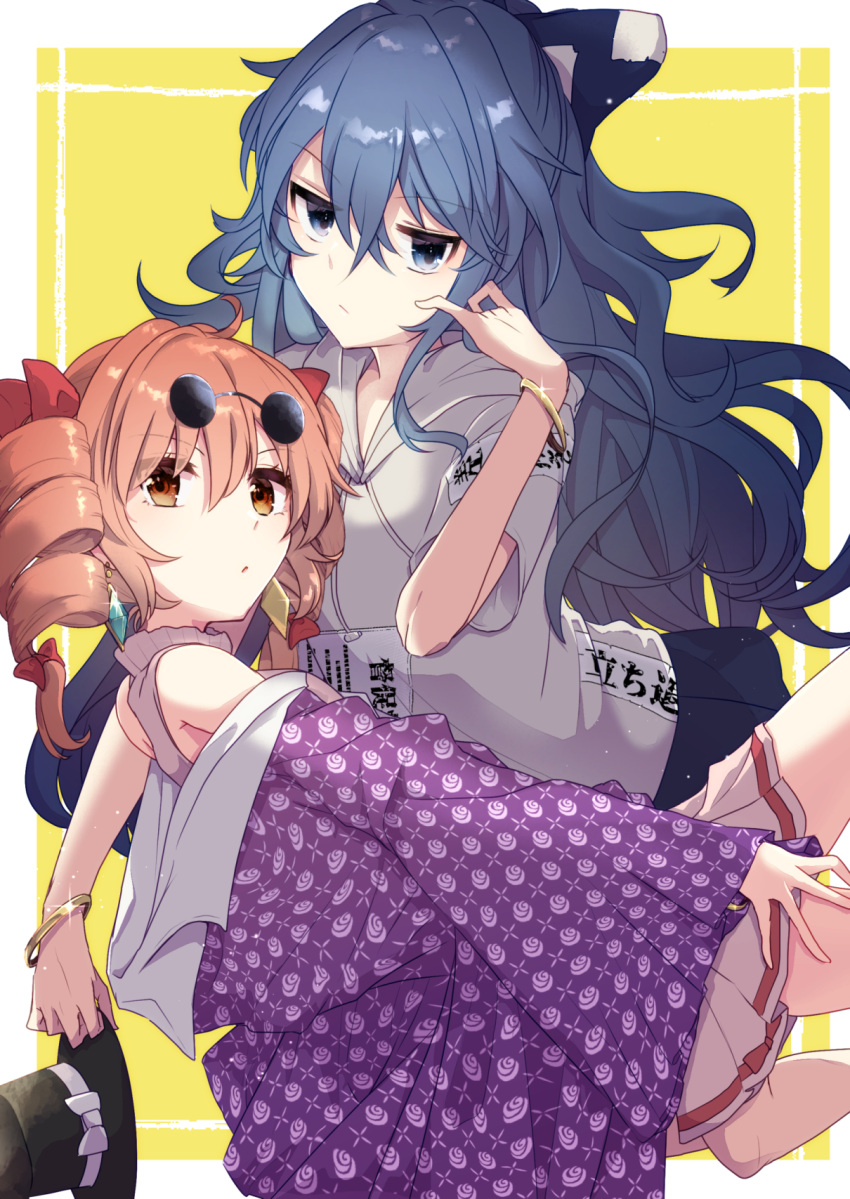 2girls ahoge aoi_(annbi) bangle bangs bare_shoulders black_headwear blue_bow blue_eyes blue_hair blue_skirt blush border bow bracelet brown_eyes brown_hair closed_mouth commentary_request crossed_bangs crystal crystal_earrings debt dress dress_bow drill_hair earrings eyes_visible_through_hair eyewear_on_head floral_print flower flying frills glasses grey_bow grey_dress grey_hoodie hair_between_eyes hair_bow hand_up hat hat_bow highres hood hoodie jacket jewelry light_brown_hair long_hair long_sleeves looking_at_viewer medium_hair mini_hat multiple_girls no_hat no_headwear open_clothes open_jacket open_mouth outside_border purple_flower purple_jacket purple_rose red_bow rose rose_print short_sleeves siblings simple_background sisters skirt sleeveless sleeveless_dress sparkle sunglasses touhou twintails white_border wide_sleeves yellow_background yorigami_jo'on yorigami_shion