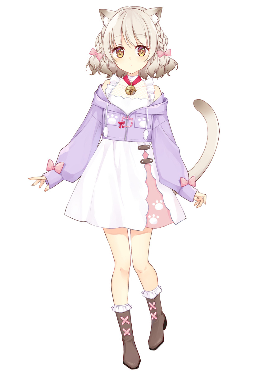 1girl :o animal_ear_fluff animal_ears animal_print bangs bare_shoulders bell boots bow braid brown_footwear cat_ears cat_girl cat_print cat_tail cross-laced_footwear dress frilled_boots frills full_body grey_hair hair_ornament hazuki_natsu highres long_sleeves looking_at_viewer medium_hair neck_bell off_shoulder open_mouth original pink_bow purple_shirt red_ribbon ribbon shirt simple_background sleeves_past_wrists solo standing tail tail_raised virtual_youtuber white_background white_dress yellow_eyes zipper