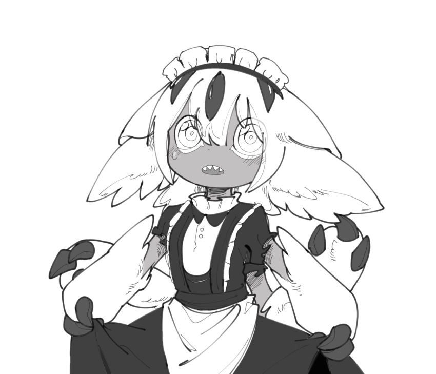 1girl alternate_costume animal_ears apron blush body_fur buttons chinese_commentary claws commentary_request cowboy_shot dark-skinned_female dark_skin enmaided extra_arms faputa fewer_digits frilled_shirt_collar frills funeralll_black greyscale hatching_(texture) highres looking_at_viewer made_in_abyss maid maid_headdress medium_hair monochrome open_mouth sharp_teeth short_sleeves simple_background sketch skirt_hold solo teeth waist_apron
