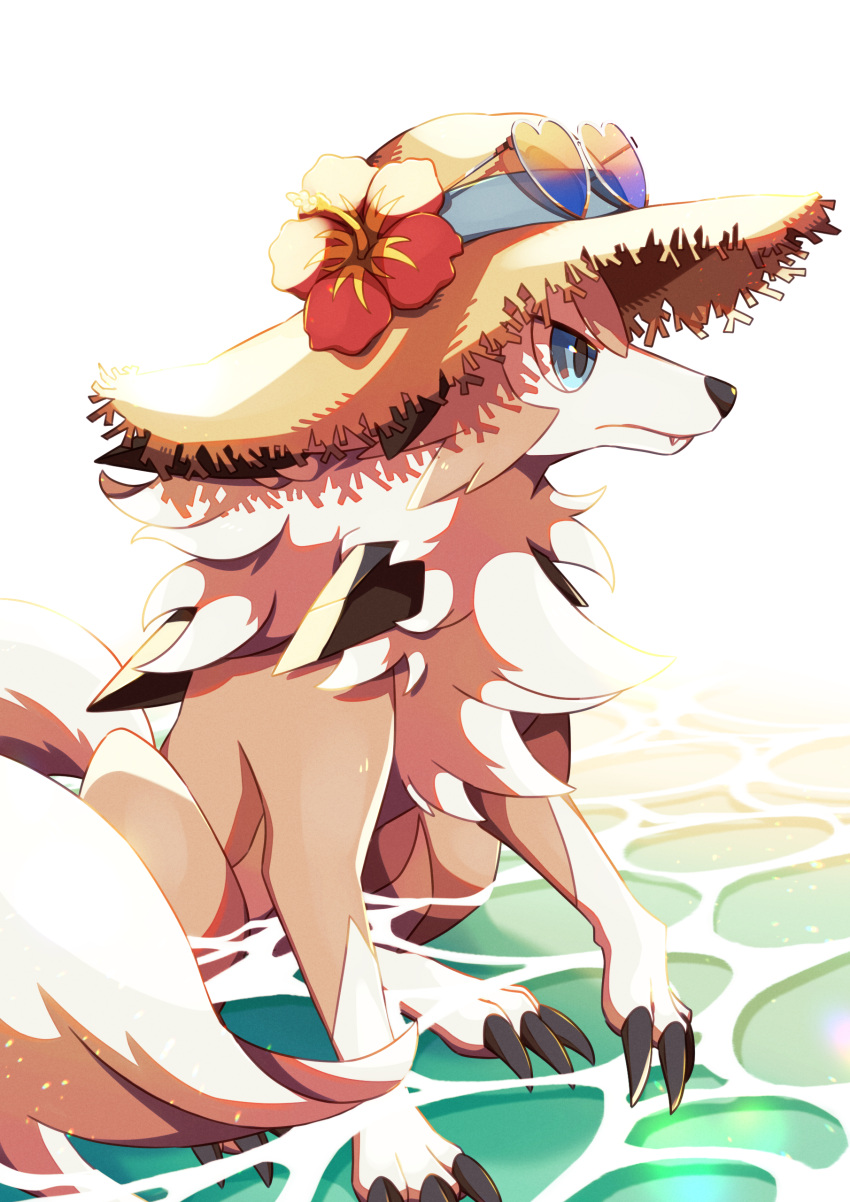 absurdres blue_eyes claws closed_mouth commentary_request fang fang_out flower from_side hat hat_flower hatted_pokemon highres ktyon3 lycanroc lycanroc_(midday) pokemon pokemon_(creature) red_flower sitting water