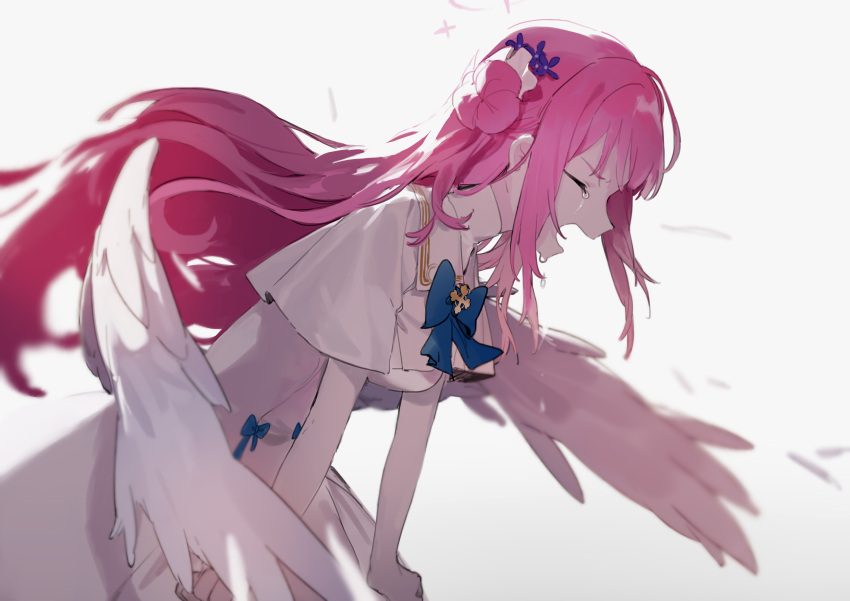 1girl absurdres bangs blue_archive blue_bow blue_bowtie bow bowtie capelet closed_eyes crying dress from_side furrowed_brow hair_bun hair_ornament highres leaning_forward long_hair low_wings mika_(blue_archive) open_mouth pink_hair sh_(562835932) sidelocks solo tears upper_body white_dress wings