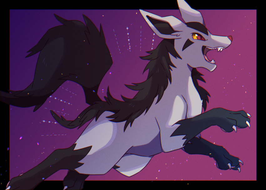 black_border black_fur border claws colored_sclera commentary_request from_side highres ktyon3 mightyena open_mouth pokemon pokemon_(creature) purple_background red_eyes solo teeth tongue yellow_sclera