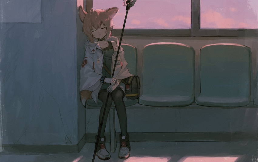 1girl ahoge animal_ears arknights bag bangs black_choker black_footwear black_legwear blue_shirt boots choker closed_eyes cross evening film_grain fox_ears fox_girl fox_tail full_body gloves hai_(haihki) highres holding holding_staff id_card indoors infection_monitor_(arknights) jacket knees_together_feet_apart leaning_on_object long_sleeves open_clothes open_jacket open_mouth pantyhose red_cross shirt short_hair shoulder_bag sitting sleeping solo staff sussurro_(arknights) tail two-tone_footwear white_footwear white_gloves white_jacket wide_sleeves window