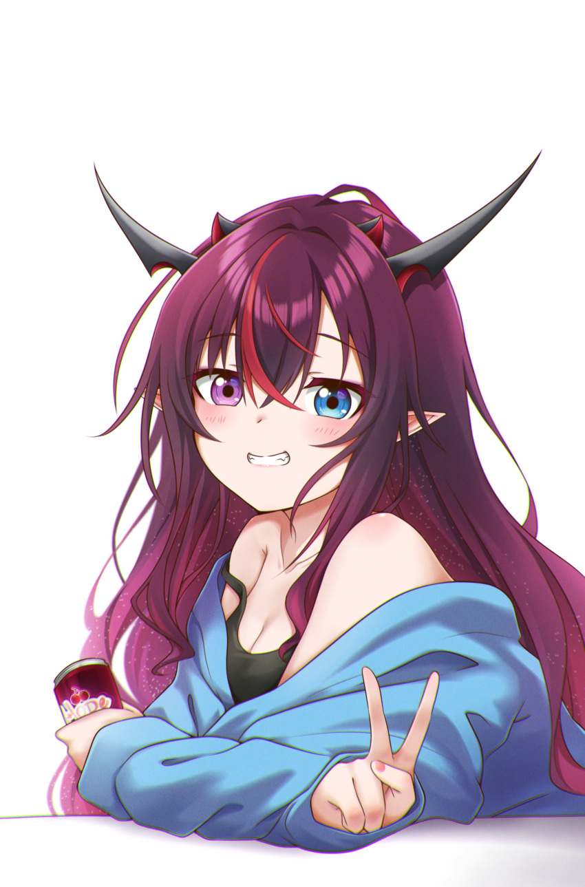 1girl absurdres blue_eyes blush breasts can commentary crossed_arms gradient_hair grin hair_between_eyes heterochromia highres holding holding_can hololive hololive_english horns irys_(hololive) jan_azure long_hair looking_at_viewer medium_breasts multicolored_hair multiple_horns pink_nails pointy_ears smile soda_can solo streaked_hair tank_top v violet_eyes virtual_youtuber white_background
