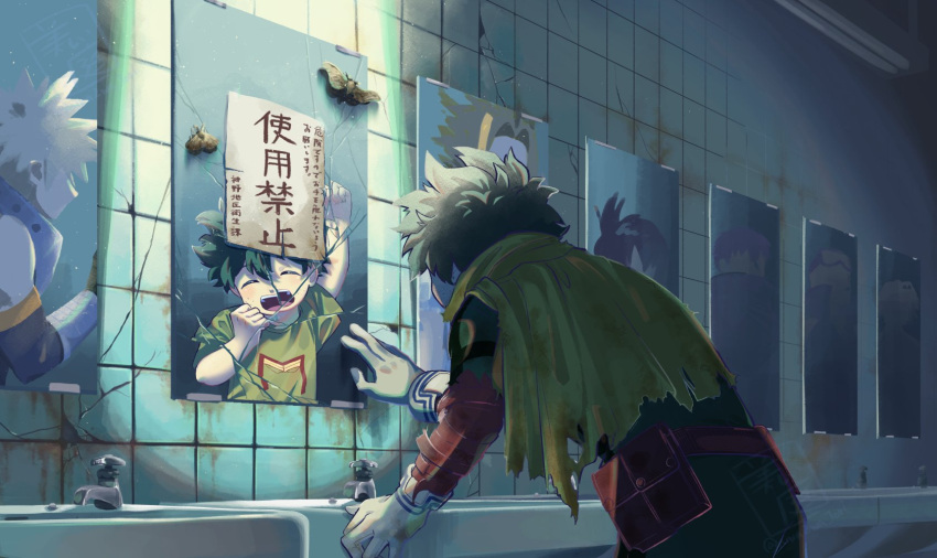 1girl 6+boys arm_up bakugou_katsuki bathroom belt blonde_hair bodysuit boku_no_hero_academia bug cape child clenched_hands closed_eyes crack cracked_wall different_reflection en_(boku_no_hero_academia) faucet freckles gloves goggles goggles_on_head green_bodysuit green_hair green_shirt highres indoors lariat_(boku_no_hero_academia) male_child male_focus midoriya_izuku mirror moth multiple_boys niwa2wa_tori open_mouth red_belt reflection shimura_nana shinomori_hikage shirt short_hair short_sleeves sink spiky_hair tile_wall tiles torn_cape torn_clothes translation_request white_gloves yagi_toshinori yellow_cape