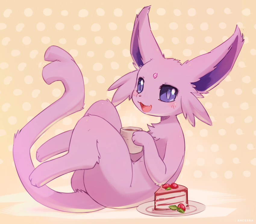 :3 ancesra animal_focus artist_name blush brown_background cake cake_slice cheesecake coffee colored_sclera commentary cup drink english_commentary espeon fangs food forehead_jewel forked_tail from_side fruit full_body hand_up happy highres holding holding_cup holding_drink leaning_back legs_up looking_at_viewer mixed-language_commentary mug no_humans non-web_source open_mouth pink_gemstone plate pokemon pokemon_(creature) polka_dot polka_dot_background purple_sclera simple_background sitting sketch skin_fangs smile solo steam strawberry tail violet_eyes watermark