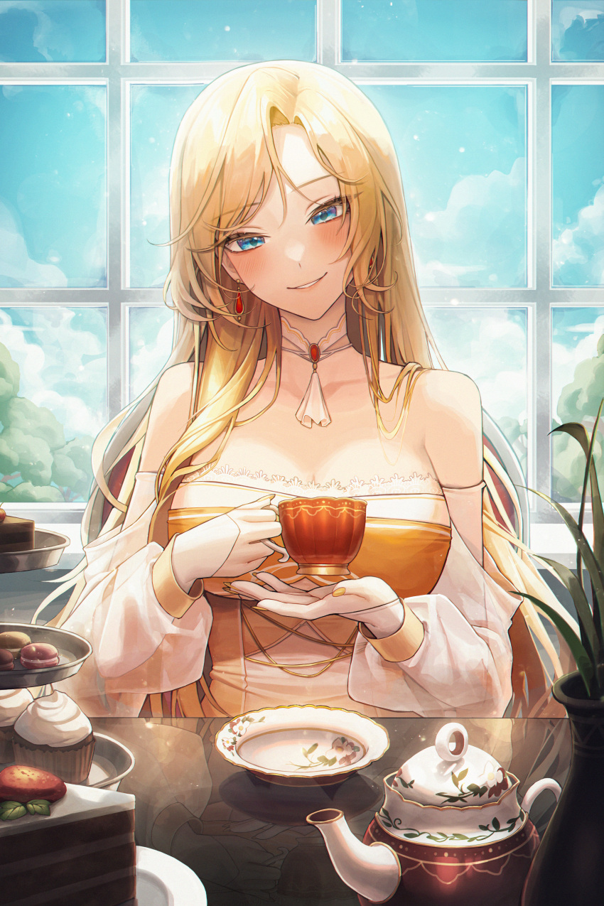1girl absurdres bangs bare_shoulders blonde_hair blue_eyes blush breasts choker clouds cup cupcake dress earrings elbow_gloves food gloves highres holding holding_cup indoors jewelry large_breasts long_hair looking_at_viewer meoyo off-shoulder_dress off_shoulder original parted_bangs parted_lips plant plate potted_plant reflection see-through see-through_sleeves sitting sky smile solo table tassel_choker teacup teapot upper_body window yellow_nails
