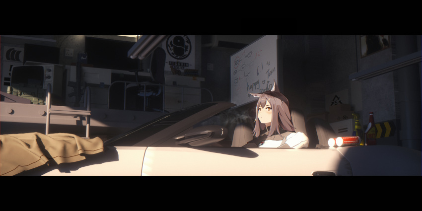 1girl absurdres animal_ears arknights assault_rifle bangeningmeng bangs black_hair car chair commentary_request convertible desk ground_vehicle gun highres jacket letterboxed long_hair motor_vehicle oven penguin_logistics_logo rifle scenery shadow solo texas_(arknights) weapon white_jacket wolf_ears