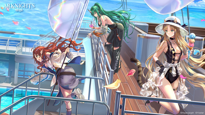 3girls absurdres animal_ears arknights blue_skirt clouds cloudy_sky cruise_ship dwarf flag food highres horns hoshiguma_(arknights) ice_cream ice_cream_cone long_hair multiple_girls myrtle_(arknights) ocean official_alternate_costume official_art oni oni_horns pointy_ears shoes single_horn skirt sky sneakers swimsuit swire_(arknights) tail tiger_ears tiger_girl tiger_tail