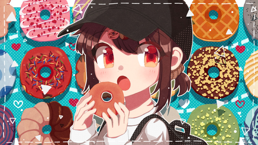 1boy blue_background blush brown_hair doughnut food highres holding holding_food long_sleeves looking_to_the_side low_ponytail male_focus multicolored_hair open_mouth original pml polka_dot polka_dot_background ponytail red_eyes short_hair short_ponytail solo white_background