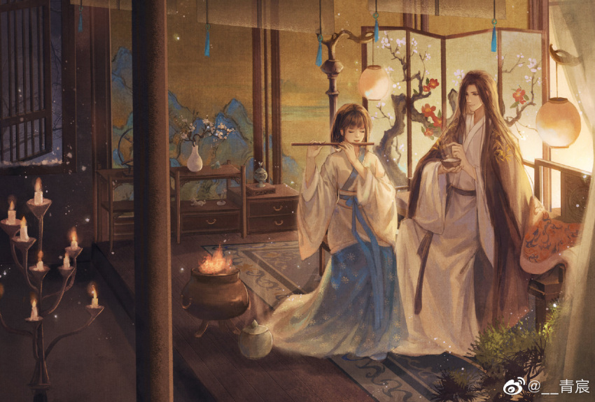 1boy 1girl bare_tree black_hair candle chair closed_eyes drawer flute indoors instrument lantern long_hair night original plant qing_chen short_hair sitting snow tree window