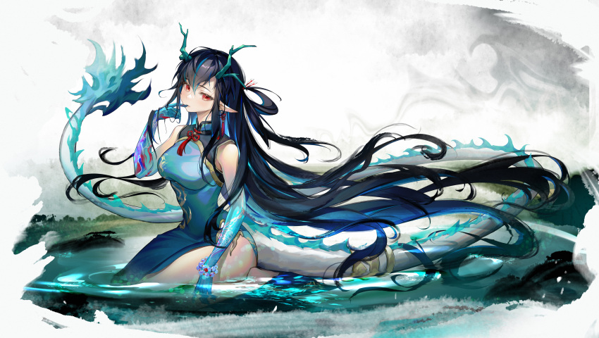 1girl absurdres arknights bare_shoulders barefoot black_hair blue_hair breasts china_dress chinese_clothes dragon_tail dress dusk_(arknights) earrings highres horns huangbanmimi jewelry long_hair pointy_ears red_eyes seiza sitting solo tail very_long_hair wading