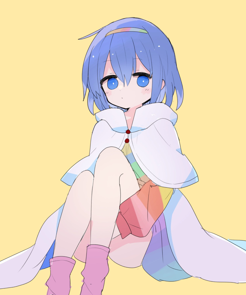 1girl 76gpo blue_eyes blue_hair blush cloak closed_mouth dress hair_between_eyes hairband highres long_sleeves multicolored_clothes multicolored_dress multicolored_hairband one-hour_drawing_challenge rainbow_gradient short_hair simple_background solo tenkyuu_chimata touhou white_cloak yellow_background