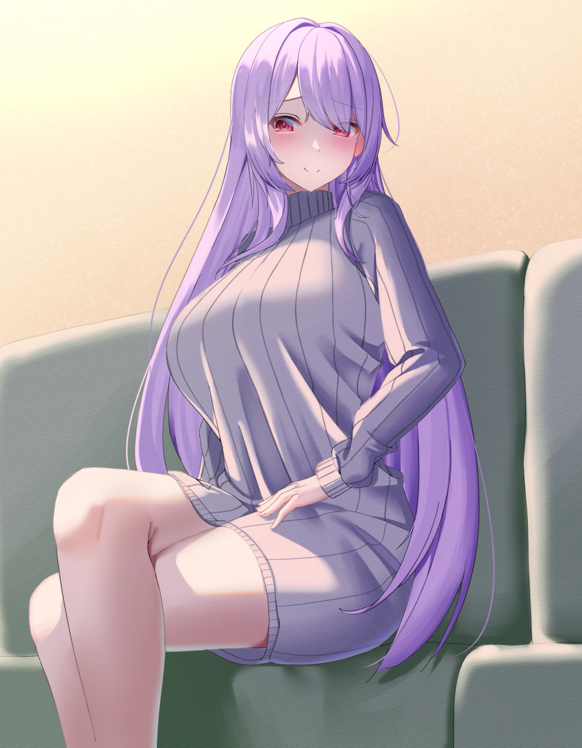 1girl absurdres bangs breasts closed_mouth commentary_request crossed_legs dress feet_out_of_frame highres large_breasts long_hair long_sleeves looking_at_viewer mashiro03 original purple_hair red_eyes sitting smile solo sweater sweater_dress thighs