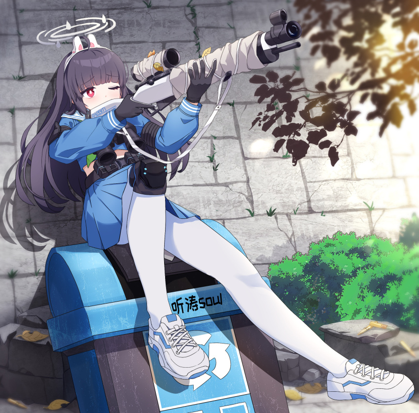 1girl aiming animal_ears arrow_(symbol) ass bangs black_gloves black_hair blue_archive blunt_bangs commentary_request fake_animal_ears gloves gun hairband halo highres holding holding_gun holding_weapon long_hair long_sleeves looking_away miyu_(blue_archive) one_eye_closed pantyhose pleated_skirt rabbit_ears recycle_bin recycling_symbol red_eyes rifle school_uniform serafuku shoes sidelocks sitting skirt sneakers sniper_rifle solo ting_tao_soul weapon white_legwear