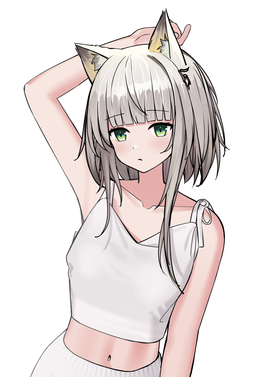 1girl absurdres animal_ear_fluff animal_ears arknights cat_ears cat_girl collarbone commentary_request green_eyes green_hair hair_ornament hairclip highres kal'tsit_(arknights) long_hair nagisa_(cxcx5235) navel simple_background white_background