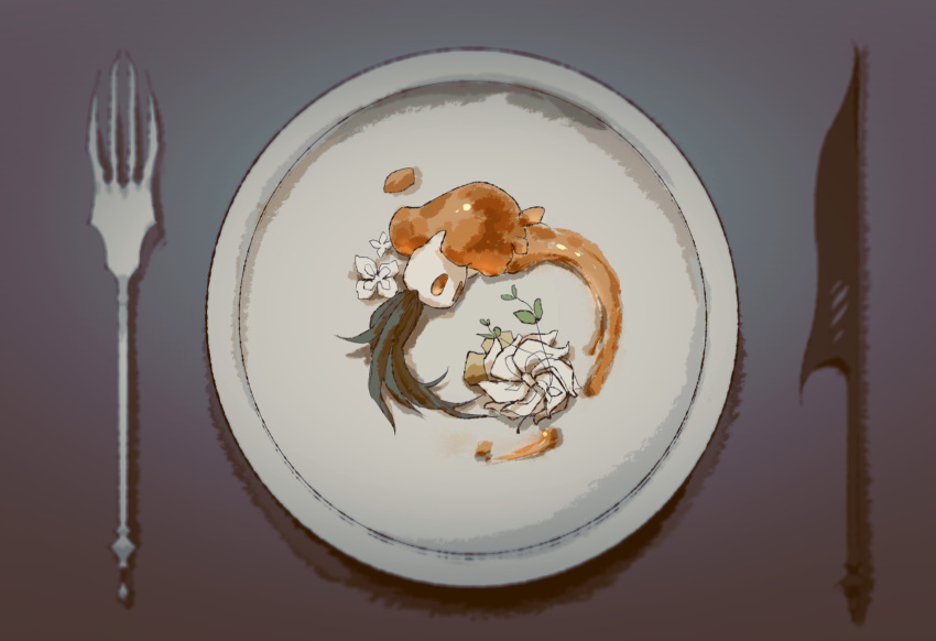 1other broken_vessel_(hollow_knight) chinese_commentary commentary_request cutlery flower food_focus fork from_above funeralll_black highres hollow_knight knife lying mask no_humans on_plate on_side orange_eyes oversized_object plate solo table_knife white_flower