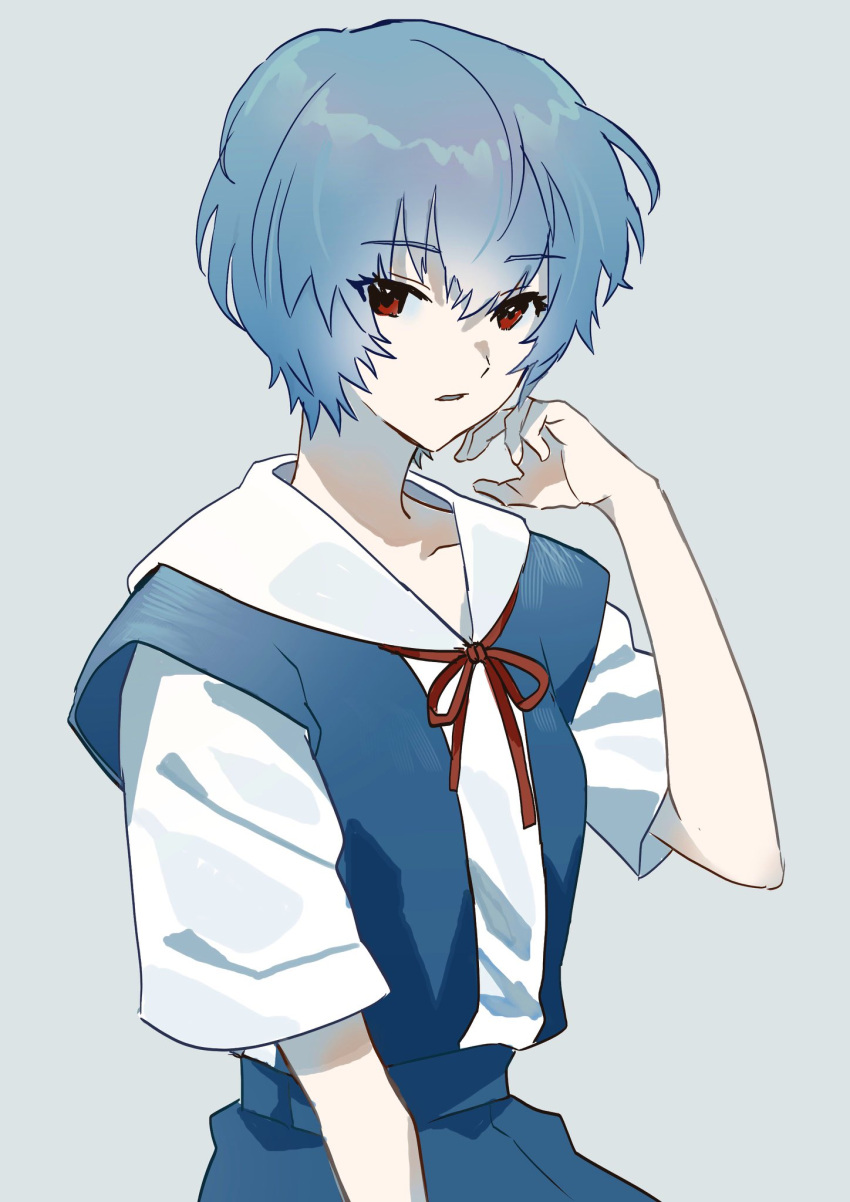 1girl ayanami_rei bangs blue_hair blue_skirt collarbone commentary_request grey_background highres jun_(nad-j) looking_at_viewer neon_genesis_evangelion red_eyes red_ribbon ribbon school_uniform shirt short_hair short_sleeves simple_background skirt solo tokyo-3_middle_school_uniform upper_body white_shirt