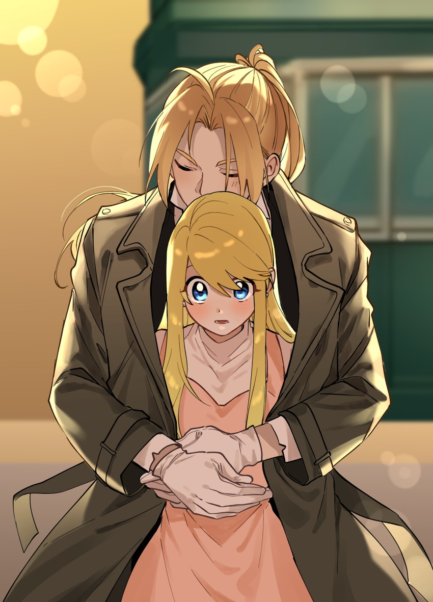 1boy 1girl ahoge bangs blonde_hair blue_eyes blurry blush bokeh brown_hair closed_eyes coat covered_mouth cowboy_shot day depth_of_field dress earrings edward_elric fullmetal_alchemist gloves ground_vehicle height_difference hetero highres hug hug_from_behind jewelry korean_commentary long_hair long_sleeves looking_at_viewer parted_bangs pinafore_dress ponytail shared_clothes shared_coat sidelocks surprised swept_bangs tosisulsa train turtleneck white_gloves winry_rockbell yellow_eyes
