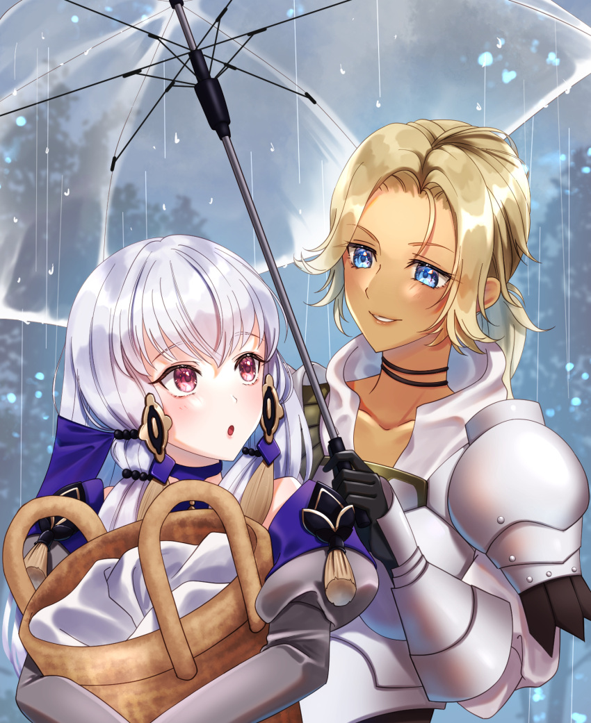 2girls :o armor ayn_(ayn_kau) bangs basket blonde_hair blue_eyes blush breastplate catherine_(fire_emblem) collarbone commentary_request commission dark-skinned_female dark_skin dress fire_emblem fire_emblem:_three_houses forehead gauntlets grey_sleeves grin hair_between_eyes height_difference highres holding holding_basket holding_umbrella lips long_hair looking_at_another lysithea_von_ordelia medium_hair multiple_girls object_hug outdoors parted_bangs pink_eyes pink_lips ponytail purple_dress rain shoulder_armor skeb_commission smile teeth umbrella upper_body veil white_hair