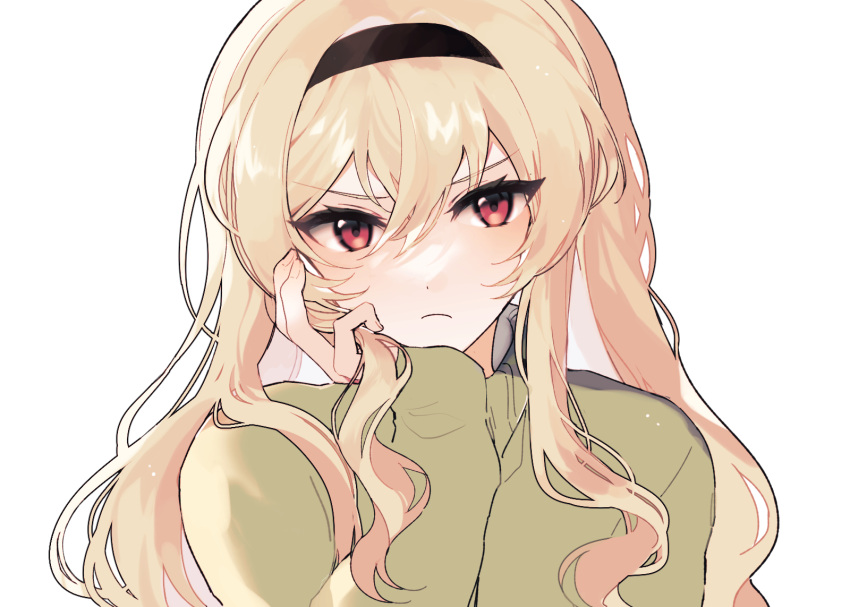 1girl bangs black_hairband blonde_hair bn_(b32607) closed_mouth commentary fingernails frown hair_between_eyes hairband hand_on_own_chin hand_up head_rest highres light_particles long_hair long_sleeves looking_at_viewer pink_eyes saijou_claudine shoujo_kageki_revue_starlight sidelocks simple_background sleeves_past_wrists solo sweater turtleneck turtleneck_sweater upper_body v-shaped_eyebrows wavy_hair white_background yellow_sweater