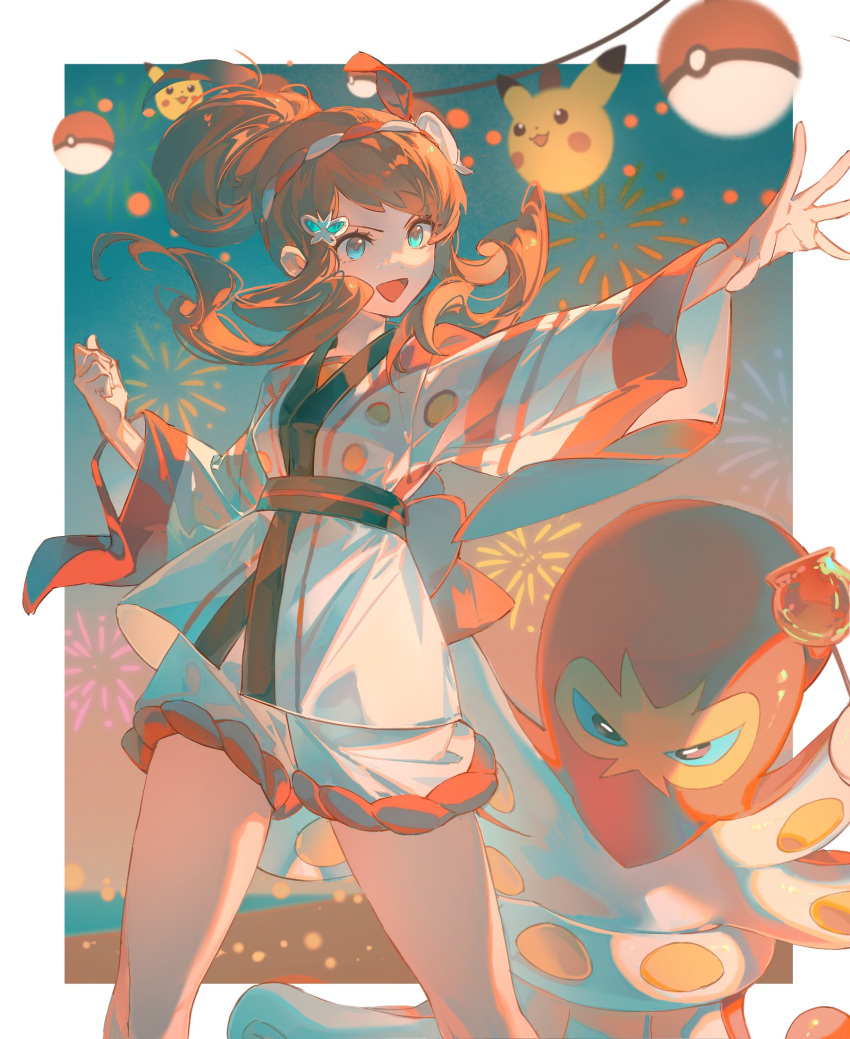 1girl :d alternate_color bakutiku bangs blue_eyes blurry border brown_hair candy_apple clenched_hand commentary_request floating_hair food grapploct highres hilda_(pokemon) jacket long_hair official_alternate_costume open_mouth outstretched_arm pikachu poke_ball poke_ball_(basic) pokemon pokemon_(creature) pokemon_(game) pokemon_masters_ex sash shiny_pokemon shorts sidelocks smile spread_fingers tongue white_border white_jacket white_shorts