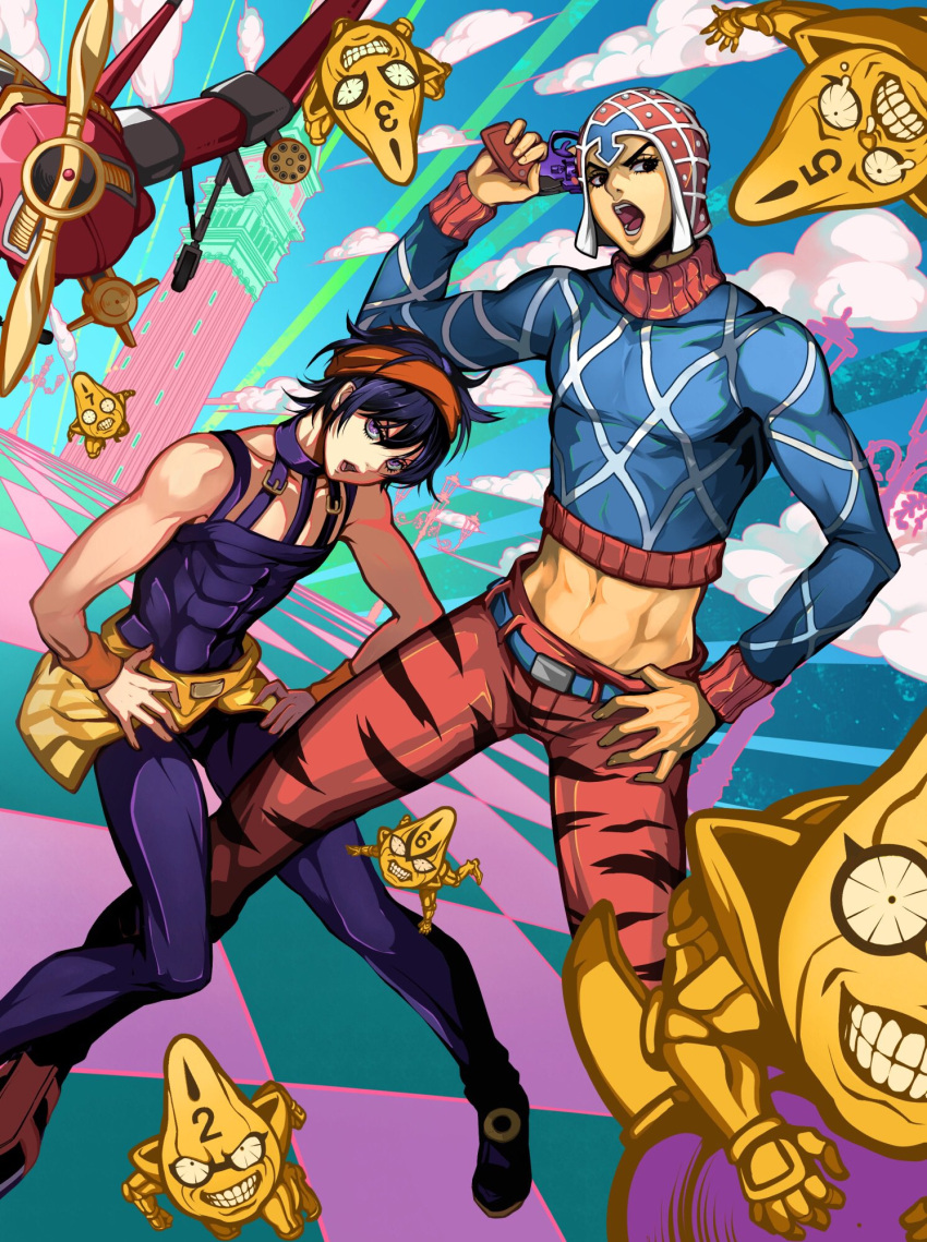 2boys abs aerosmith_(stand) aircraft animal_print argyle belt black_hair black_pants black_shirt blue_shirt checkered_floor clock clock_tower clouds cloudy_sky cropped_sweater crying full_body guido_mista gun hair_between_eyes hairband halu-ca hand_on_hip handgun hands_on_hips hat highres holding holding_gun holding_weapon jojo_no_kimyou_na_bouken long_sleeves looking_at_viewer looking_to_the_side lower_teeth midriff multiple_boys muscular muscular_male narancia_ghirga open_mouth orange_hairband over_shoulder pants revolver sex_pistols_(stand) shirt shoes short_hair shouting sky sweater tank_top tears teeth tiger_print tight tight_pants tight_shirt tower turtleneck turtleneck_sweater upper_teeth vento_aureo weapon weapon_over_shoulder wristband