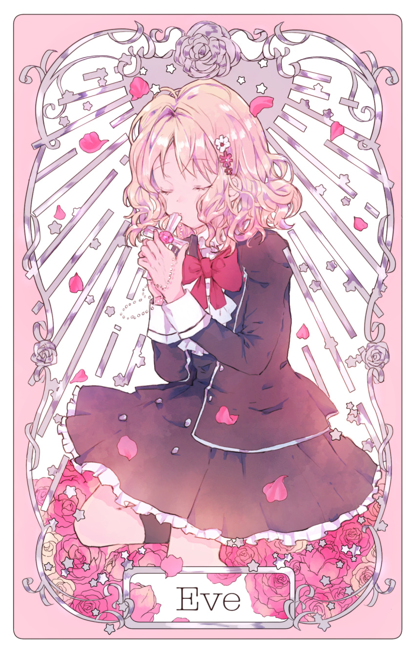 1girl black_skirt blazer blonde_hair card_(medium) closed_eyes cross diabolik_lovers flower hair_flower hair_ornament hano_luno highres jacket kneeling komori_yui layered_skirt own_hands_clasped own_hands_together petals pink_background praying rosary rose rose_petals silver_trim skirt solo wavy_hair white_background