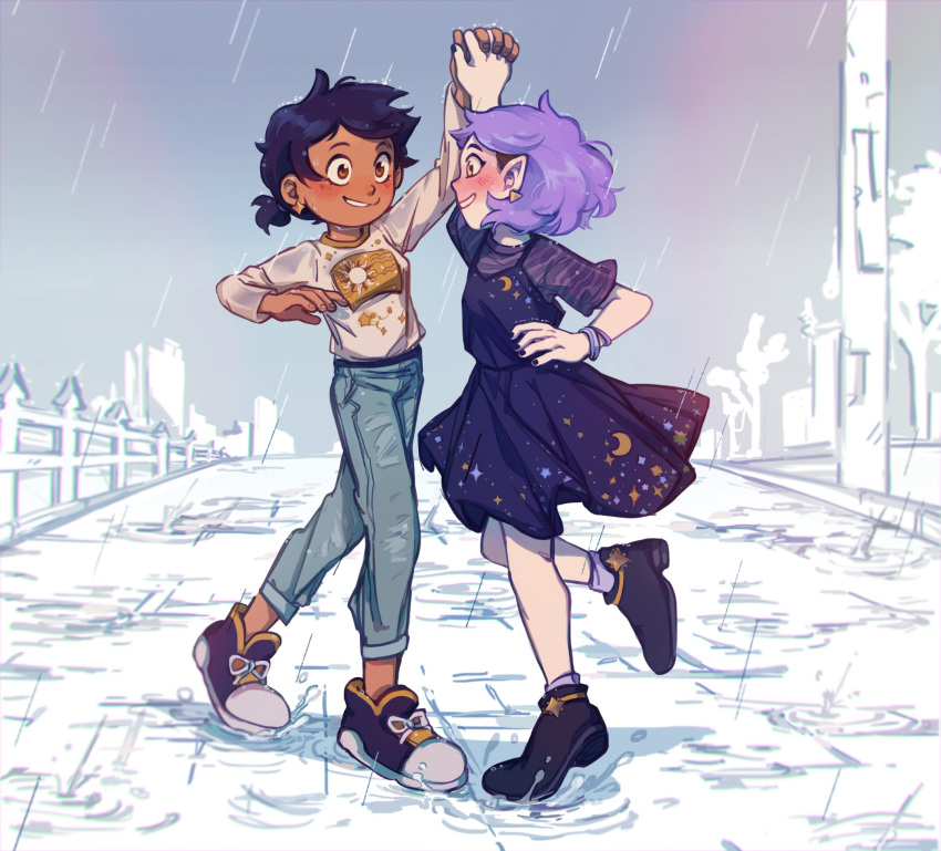 2girls amity_blight blush brown_hair dark-skinned_female dark_skin dress earrings fingernails highres holding_hands jewelry luz_noceda multiple_girls outdoors pants pointy_ears rain shoes short_hair smile syashko the_owl_house toned violet_eyes white_background yuri