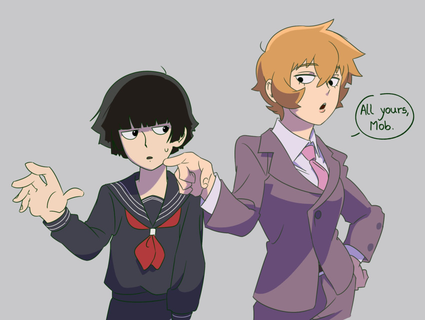 2girls black_eyes black_hair breasts ch0og0o collared_shirt english_text formal genderswap genderswap_(mtf) grey_background hand_on_hip highres kageyama_shigeo long_sleeves mob_psycho_100 multiple_girls necktie open_mouth orange_hair pointing reigen_arataka sailor_collar school_uniform serafuku shirt short_hair simple_background speech_bubble suit sweatdrop