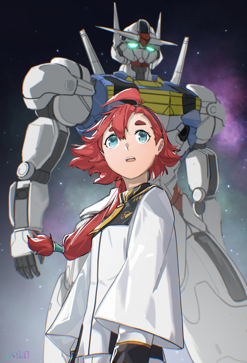 1girl ahoge bangs black_hairband blue_eyes commentary glowing glowing_eyes green_eyes gundam gundam_aerial gundam_suisei_no_majo hairband highres liuxingyun_lxyun long_hair low-tied_long_hair low_ponytail mecha mobile_suit redhead robot sky space star_(sky) starry_sky suletta_mercury uniform upper_body v-fin