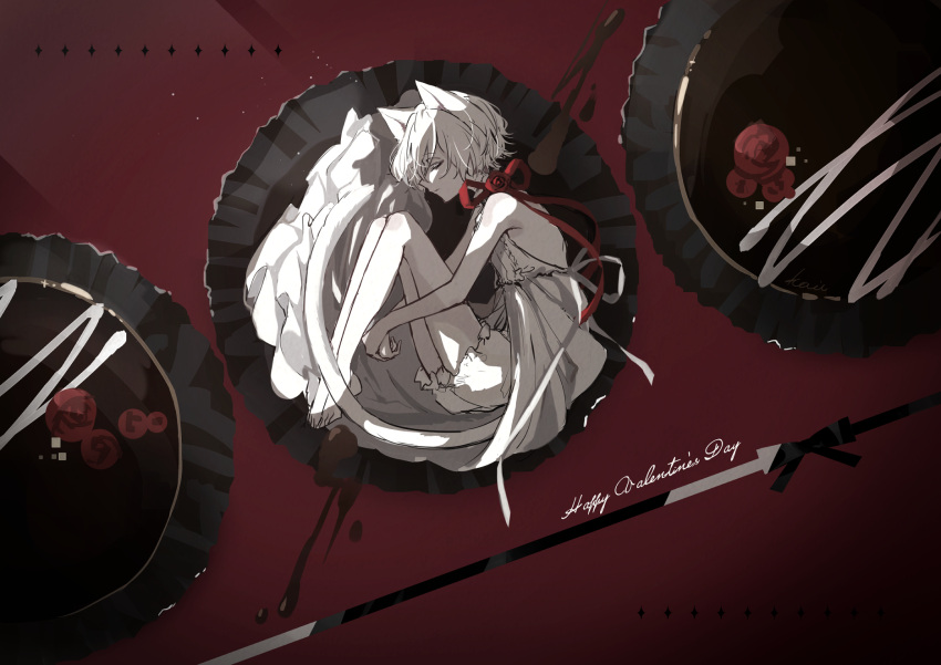 1boy 81kaia animal_ears bishounen brown_background cat_boy cat_ears cat_tail chocolate closed_eyes cup curled_up dress highres male_focus original short_hair sleeping solo tail valentine white_dress white_hair wrapper