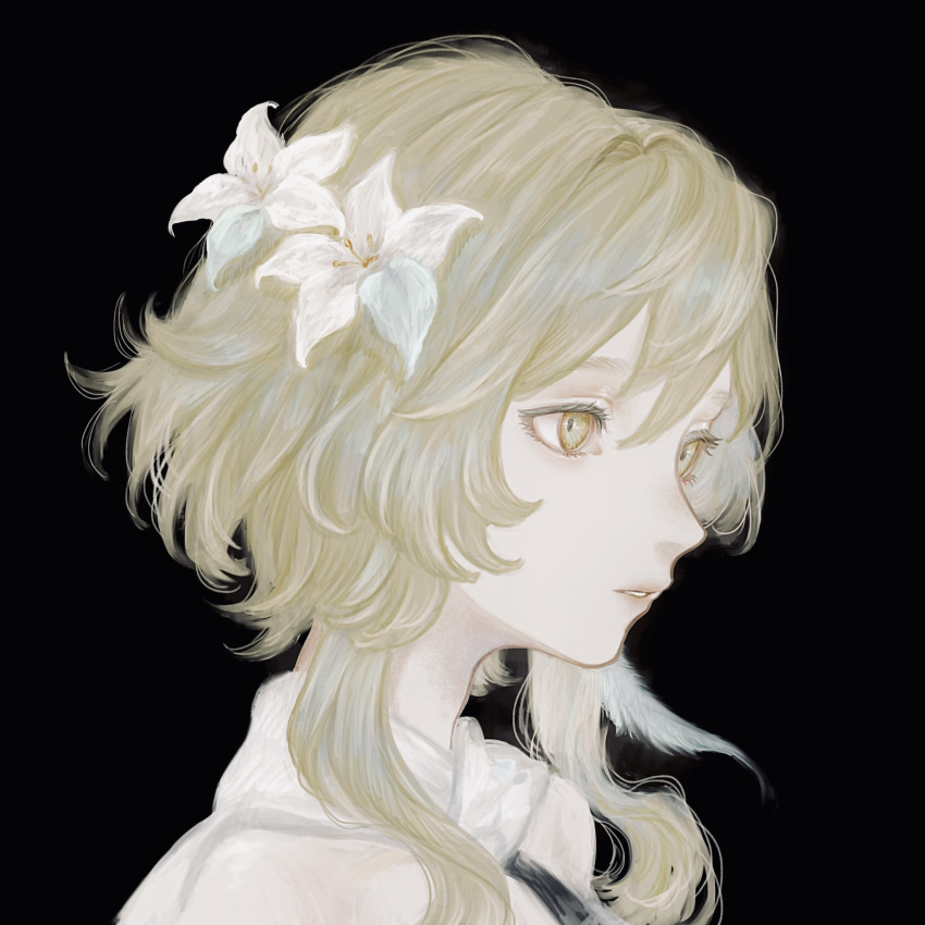 1girl black_background blonde_hair flower genshin_impact hair_flower hair_ornament highres lumine_(genshin_impact) portrait shirone_(coxo_ii) short_hair_with_long_locks simple_background solo white_flower