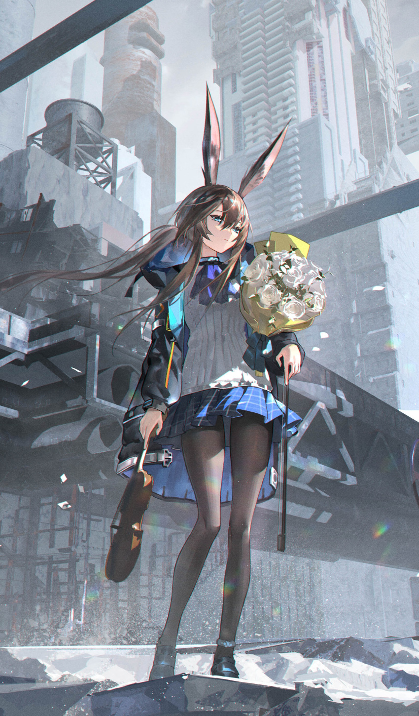 1girl absurdres amiya_(arknights) animal_ear_fluff animal_ears anklet arknights ascot black_coat black_legwear blue_ascot blue_eyes blue_skirt bouquet brown_hair building city closed_mouth coat day expressionless floating_hair flower highres holding holding_bouquet holding_instrument instrument jewelry long_hair long_sleeves looking_at_viewer miniskirt open_clothes open_coat outdoors pantyhose plaid plaid_skirt pleated_skirt ponytail rabbit_ears rose shirt sidelocks skirt solo very_long_hair violin white_flower white_rose white_shirt