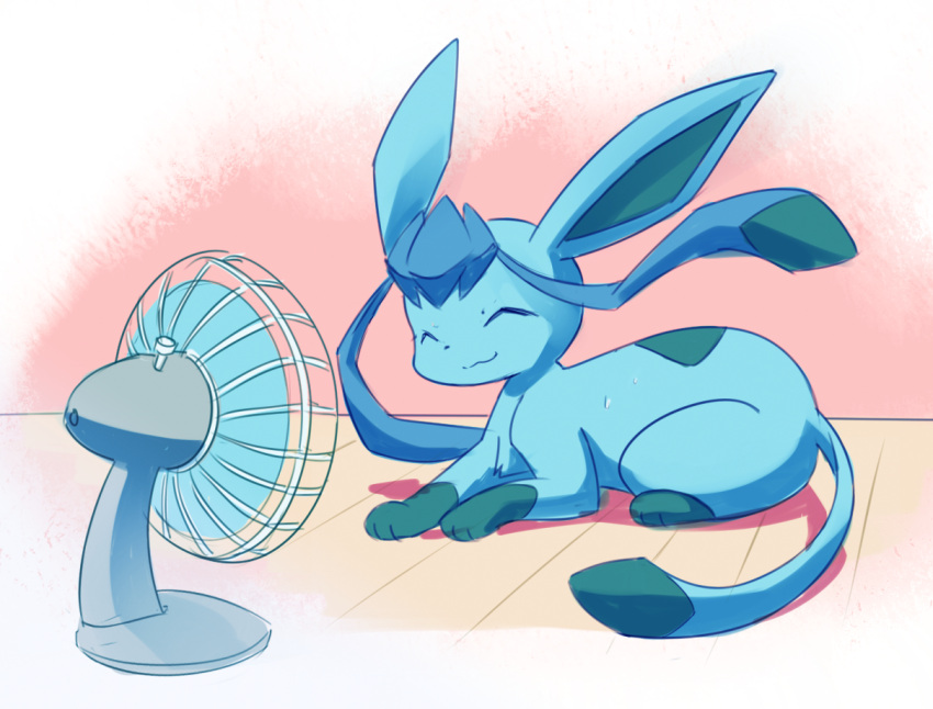 :3 ^_^ ancesra animal_focus blue_hair closed_eyes closed_mouth commentary electric_fan english_commentary full_body glaceon happy hot long_hair mixed-language_commentary no_humans non-web_source on_floor pokemon pokemon_(creature) sitting sketch smile solo sweat twintails wooden_floor