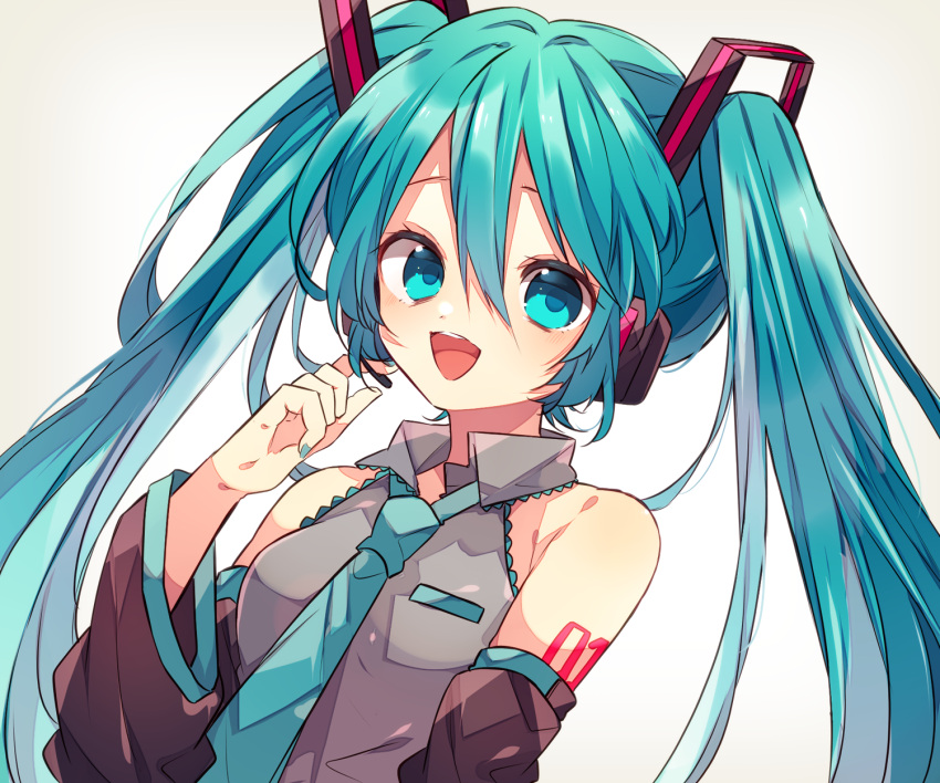 1girl :d bangs blue_eyes blush collared_shirt detached_sleeves hair_ornament hand_up hatsune_miku headphones headset highres index_finger_raised kaho_0102 long_hair looking_to_the_side nail_polish necktie open_mouth shirt sleeveless sleeveless_shirt smile solo twintails vocaloid