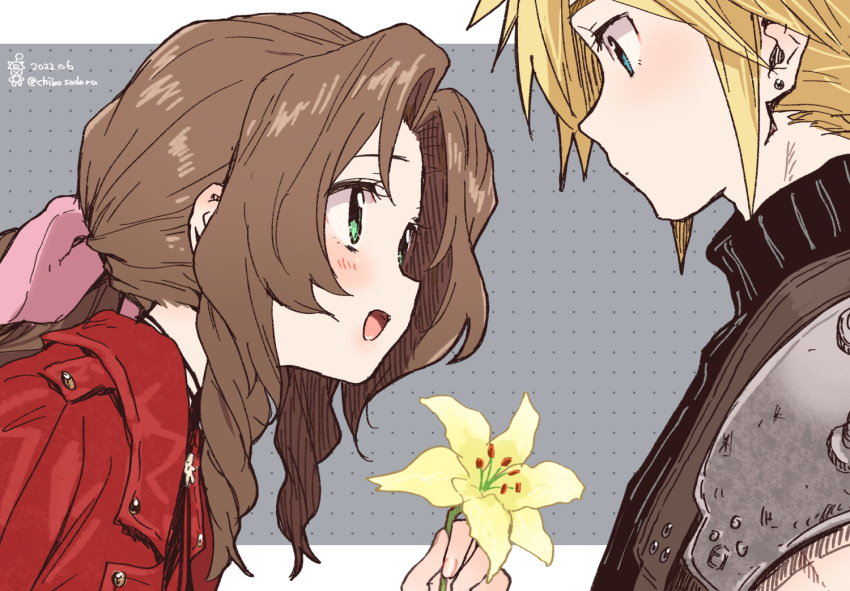 1boy 1girl aerith_gainsborough aqua_eyes armor bangs blonde_hair blush braid braided_ponytail brown_hair chiba_sadoru choker cloud_strife earrings final_fantasy final_fantasy_vii final_fantasy_vii_remake flower green_eyes grey_background hair_ribbon holding holding_flower jacket jewelry leaning_forward letterboxed open_mouth parted_bangs red_jacket ribbon shoulder_armor sidelocks single_earring sleeveless sleeveless_turtleneck smile spiky_hair suspenders turtleneck upper_body wavy_hair yellow_flower