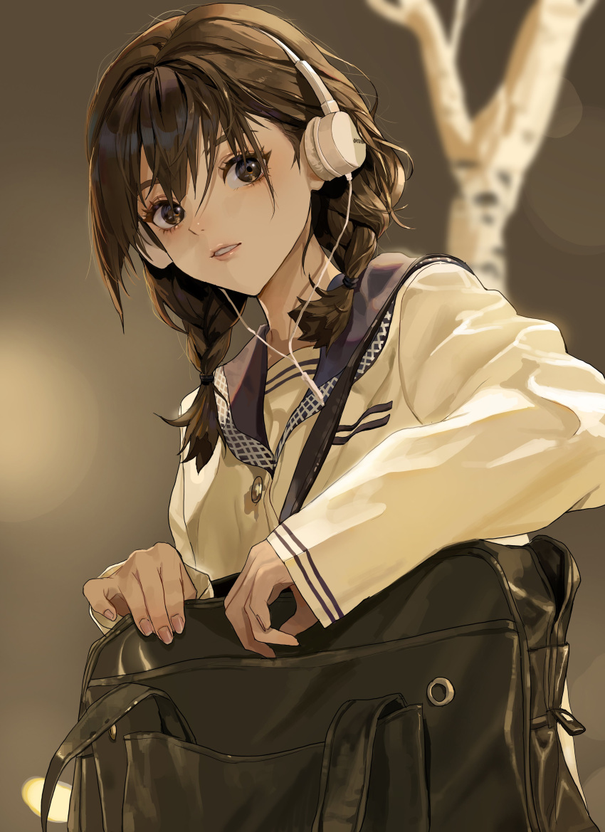 1girl absurdres bag bangs bare_tree blurry blurry_background braid brown_background brown_eyes brown_hair brown_theme buttons colv commentary english_commentary eyelashes fingernails hair_over_eyes hair_over_shoulder headphones highres long_hair long_sleeves looking_at_viewer original parted_lips photo-referenced school_bag school_uniform serafuku sleeves_past_wrists solo tree twin_braids twintails upper_body