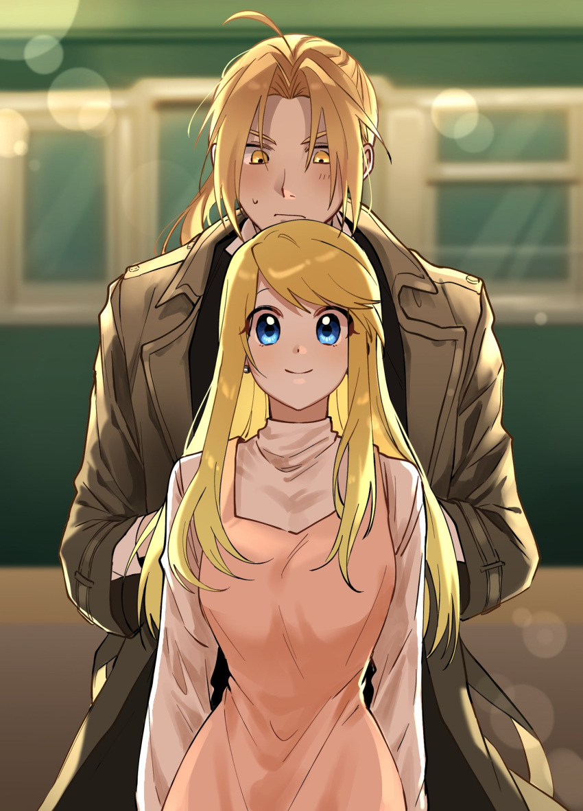 1boy 1girl ahoge bangs blonde_hair blue_eyes blurry blush bokeh brown_hair coat cowboy_shot day depth_of_field dress earrings edward_elric fullmetal_alchemist ground_vehicle height_difference hetero highres jewelry korean_commentary long_hair long_sleeves looking_at_another looking_at_viewer looking_away looking_down parted_bangs pinafore_dress ponytail sidelocks smile swept_bangs tosisulsa train turtleneck winry_rockbell yellow_eyes
